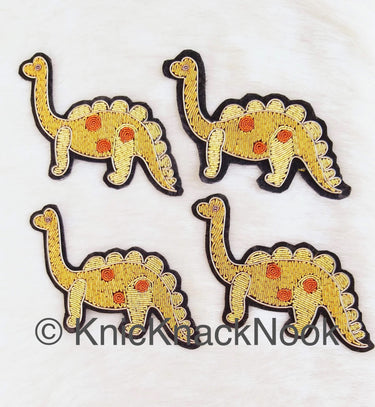 Hand Embroidered Dinosaur Applique In Gold, Yellow And Copper Zardozi Threadwork, Animal Motif